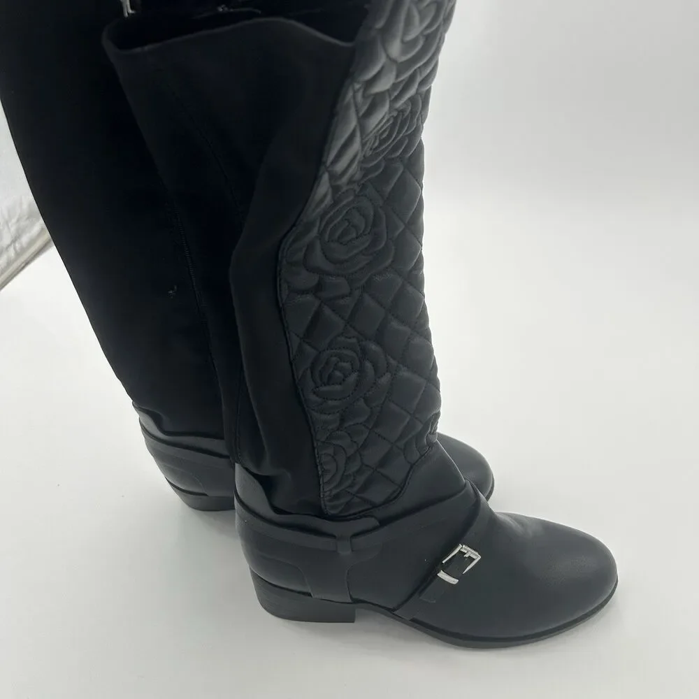 Vince Camuto Girls Black Quilted Floral Knee High Boots Buckle Size 3 Preowned